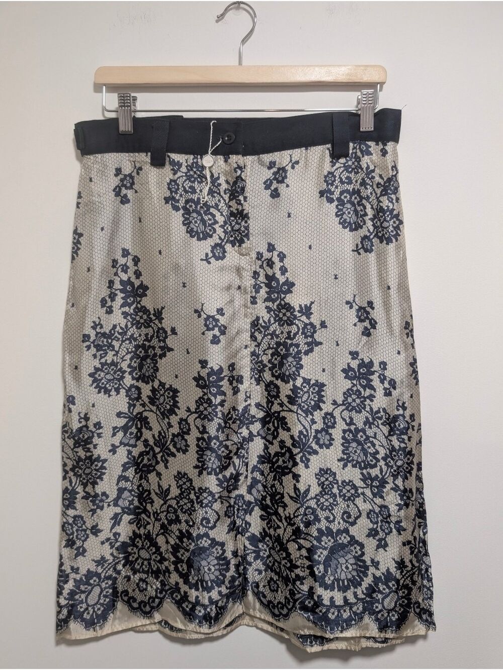 Paul Smith | Vintage Lace Print Silk-Feel Midi Skirt In Navy Cream